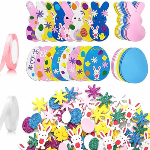 HERZONE Ostern Basteln Kinder, DIY Osterdeko Bastelset, Osterdeko Anhänger Bastelset Ostern Aufkleber Sticker Hase Eier Form, Bastelzubehör Bastelmaterial Set (B)