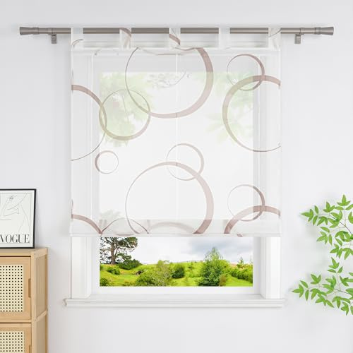 Heichkell Transparent Raffrollo, Rollo mit Kreis, Braun BxH 80x150 cm | Raffgardine mit Schlaufen, Moderne Gardine ohne Bohren