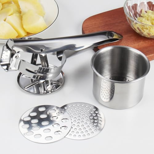 Potatispress rostfritt stål, spagettiispress manuell med komfortgrepp potatispress för spagettiis potatismosutrustning, 3 utbytbara skivor, mångsidig för potatis, pumpa, sötpotatis