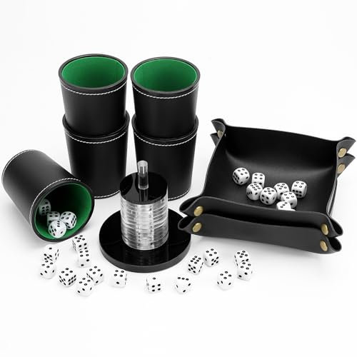BHHTBB Schocken Set Schockbesteck mit Würfelbecher Leder Kniffelbecher mit Würfeln 5 Knobelbecher Leder Würfelbretter für Yahtzee Liar's Dice Sic BO