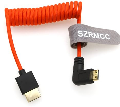 SZRMCC HDMI to Mini HDMI Right Angle 8K 2.1 Ultra High Speed Coiled Braided Cable for Sony CX7,A7 II,A7S II, Canon EOS 70D/80D, Nikon D500,D7500,Z6/Z7 Pan-asonic Lumix Fuji Camera