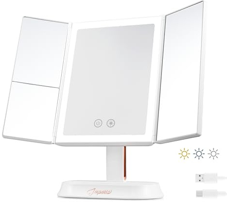 Imperio White Rose Gold Trifold Vanity Mirror with 60 LED Lights, Dimmable, 5X & 7X Magnification, Portable & Rechargeable Makeup, Light for Dressing Table - LED, Magnifying Desk