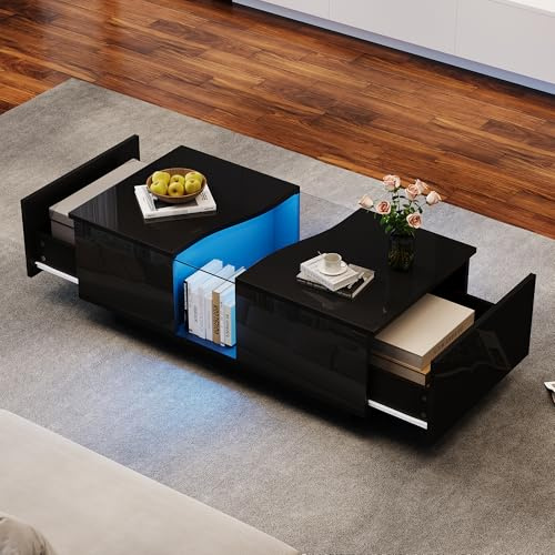 ModernLuxe High Gloss LED Coffee Table with Storage, Stylish Side Table with 2 Spacious Drawers for Living Room, Unique and Contemporary Shape, 16-Color LED Lights, Black, 100x50x35cm