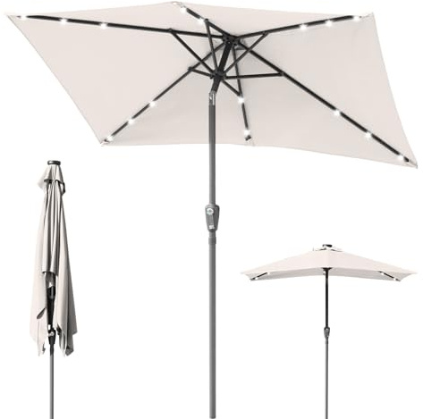 Ikodm Ombrellone a LED solare, 210 x 140 cm, beige con manovella, ombrellone rettangolare da giardino, terrazzo, protezione solare UV50+, pieghevole, impermeabile, per giardino, senza supporto