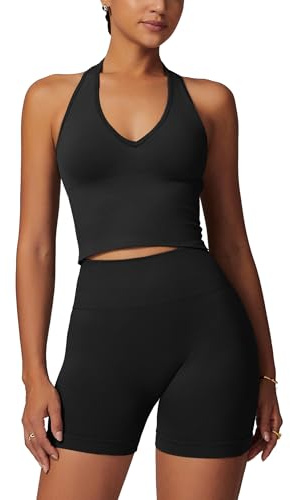 Odizli Sport Set Damen Kurz Neckholder V-Ausschnitt BH Top + High Waist Shorts Gym Fitness Outfit