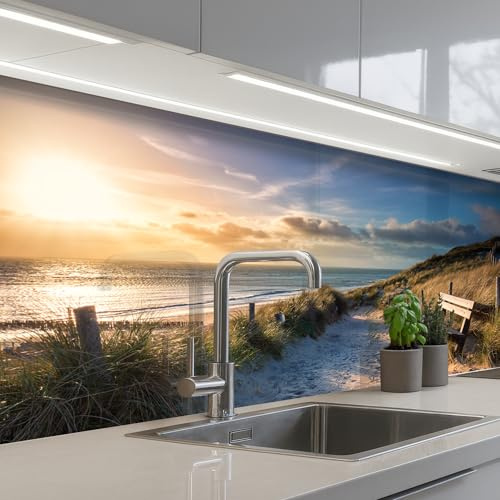 KitchenYeah© Spritzschutz Küche Küchen Rückwand Küchendeko Wand Wandschutz | 80x150 cm - Selbstklebend Backsplash Kitchen Peel And Stick Sonnenuntergang - Strand - Düne - Gras - Bank