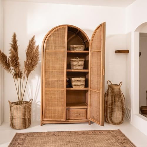 saudara collections RINCA Cane and Rattan Wardrobe - Bohemian and Natural Style - 2 Doors with Internal Shelves - Stylish Storage Unit for Bedroom or Living Room - Arch Design