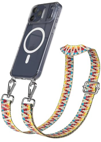 EAZY CASE Handykette - Verstellbares Taschenband kompatibel mit iPhone 17 Pro Max, Schulterriemen, Handykordel mit Silikon Hülle, Qi Charging kompatibel, Umhängetasche, Regenbogen Silber
