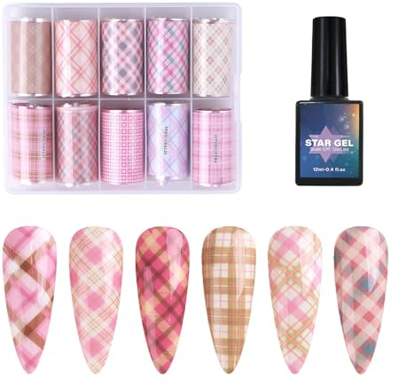 Plaid Nail Foil Transfer, 10 Rolls/Box Pink Plaid Nail Stickers Transfer Sheets Checkered Prints Decals Starry Paper Geometric Lines Swirls Decoration Manicure Wraps Pegatinas Uñas