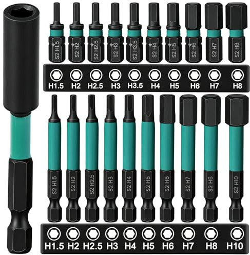 Impact Drill Allen Key Bit Set 25mm+60mm, CYLBAQ Hex Bit Set H1.5-H10 | 21PCS Metric Hex Impact Screwdriver Bits, 1/4 inch Hex Shank S2 Steel Allan Key Bits with Magnetic Extension Bit Holder
