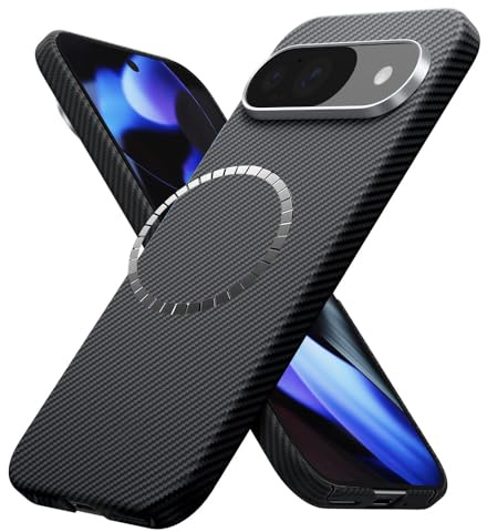 Techsuit für Google Pixel 9, 9 Pro Hülle mit 3D Matter Textur, Magnetring Kompatibel, Aramid Faser Material, Erhöhte Kanten, Kabelloses Laden Kompatibel, Leicht, Aramid Fiber Magnetic Series, Schwarz