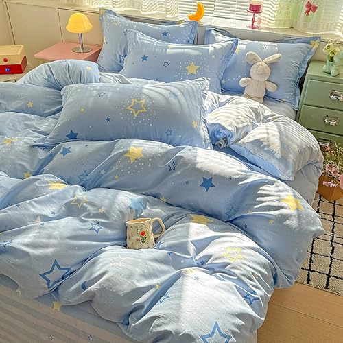 GETIYA Mädchen Jungen Bettwäsche 135x200 Baumwolle Bettwäsche Sterne Muster Bettbezug Blau Hellblau Bettwaren-Set Sterne Motiv mit Reißverschluss und 1 Kissenbezug 80x80