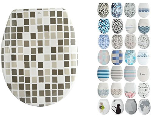 MSV Design WC Sitz abnehmbar, Absenkautomatik, Fast Fix/Schnellbefestigung, Befestigung mit Knopfdruck, Toilettensitz WC Deckel Klobrille Mosaiko Beige Beige, Weiß