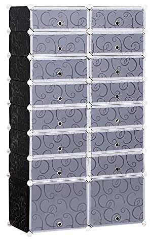 HOMCOM Schuhboxen 16er Set Schuhkarton stapelbar Schuhorganizer Schuhaufbewahrung Aufbewahrungsboxen Regalsystem mit Tür, Schwarz + Weiß