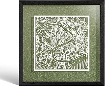 O3 Design Studio Mapa Cortao de Venecia Enmarcado, mapa blanco, marco negro, 22.86x22.86 cm, arte de corte de papel, en caja de regalo, 4 colores de fondo, auto-cambiante, arte de pared