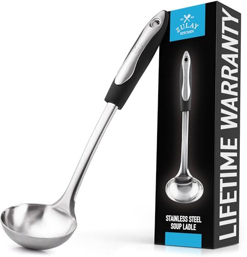 Zulay Kitchen Stainless Steel Soup Ladle – Ideal for Serving Stew, Chili, and Broth – 12 with Silicone Handle