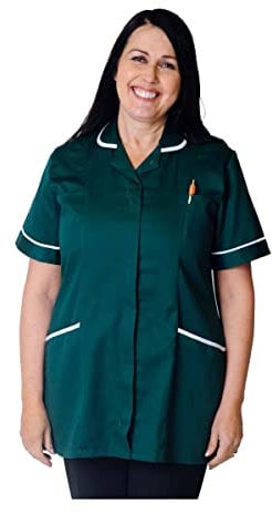 Skywear T66 Ladies Tunic Tops - Women's Healthcare & Beauty Tunics for Women UK | Work Uniforms for Office, Salon, Nurse & Spa - Multicolor Short Sleeve Tops, Bottle Green/White, 20