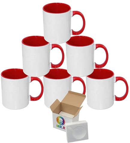 MR.R Lot de 6 blancs de sublimation Lave-vaisselle Tasse en céramique blanche avec poignée intérieure Couleur ROUGE Poignée ronde 11 oz pour impression par transfert de chaleur