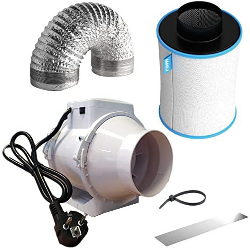 Grow Abluft-Set 100 mm Rohrventilator verkabelt Aktivkohlefilter Indoor Grow Box