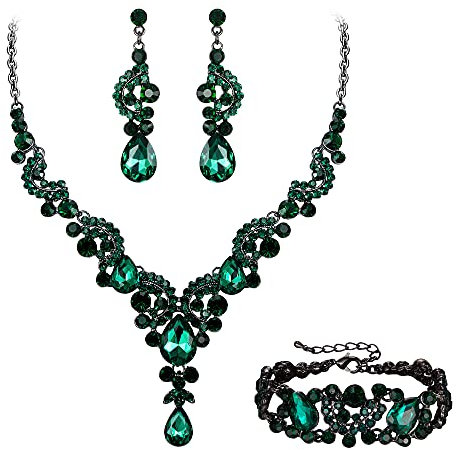Ever Faith Wedding Jewellery Set for Women, Sparkly Rhinestone Crystal Vintage Floral Teardrop Brides Bridal Necklace Earrings Bracelet Sets Prom Party Costume Jewelry 3 Pcs Green Black-Tone