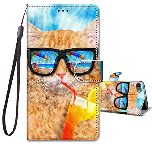 JRIANY for iPhone SE 2022 / iPhone SE 2020 / iPhone 7 / iPhone 8 Case, PU Leather Wallet Case with Pattern Cute Design Shockproof Cover Flip Case, Cat A
