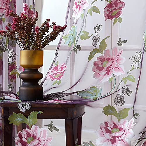 Vorhang Schlafzimmer Rosa Blume Tüll Gardinen Für Wohnzimmer Schlafzimmer Elegante Fenster Voile Pfingstrose Voile Lila Blumen,Violett,L100*H130Cm