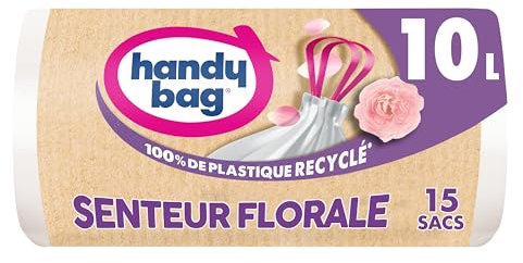 Handy Bag - Sacs poubelle salle de bains à poignées coulissantes senteur florale 10L x 15 sacs - Adapté aux petites poubelles - Étanchéité maximale - Fond anti-fuite - 100% plastique recyclé