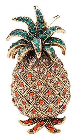 Ananas-Schmuck-Brosche mit Strasssteinen in Grün und Orange., Metall