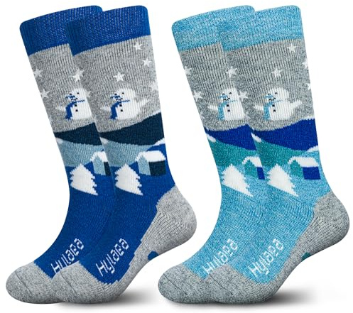Hylaea Merino Wool Ski Socks Kids, Knee-high Warm Thermal Snowboard Skating Socks for Toddler Boys and Girls Grey Blue Small
