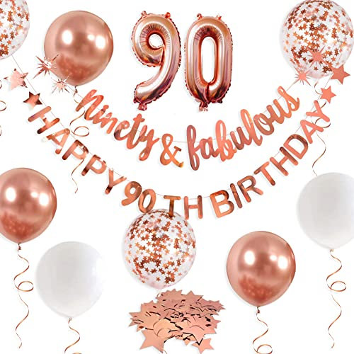 Pinkblume Rose Gold Ninety & Fabulous 90th Birthday Banner & Garland - Foil Balloon - Cheers to 90 Years Old Party Supplies Backdrop