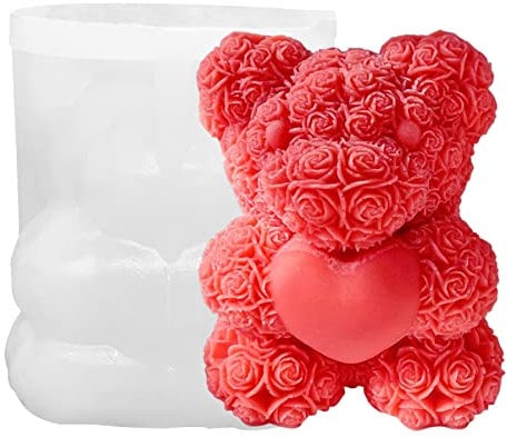 ZAKVOOR Rose Bear Shape Candle Mold Valentine's Day Resin Casting Silicone Mold for DIY Aromatherapy Candles Wax Plaster Polymer Clay Decoration (Style-B)