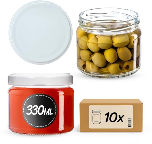 KADAX 10er Set Marmeladengläser 330ml TO82 Weiß, Einmachgläser Vorratsgläser Mason Jar mit Schraubdeckel, Luftdichte Schraubgläser, Honig & Konfitüre