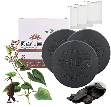 He Shou Wu Shampoo Bar - Schwarze Haarseife für Haarwachstum und Vorbeugung von Haarausfall - Haarverdunkelnd (3 Stück + 3 Schaumnetze)