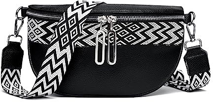 XYZXYZ Crossbody Bag Damen Breiter Gurt Bauchtasche Damen Stylisch Veganes Leder Gürteltasche Damen Klein Elegant Hip Brusttasche Women's Fanny Pack Schwarz