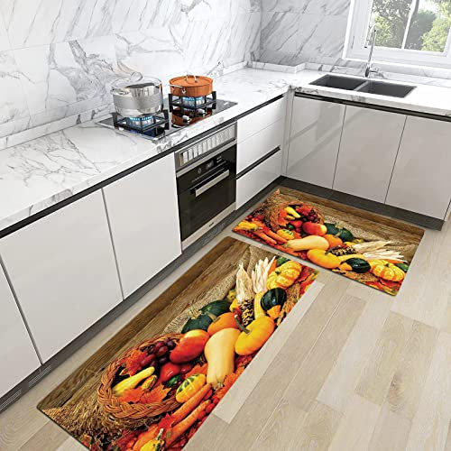 2stk Küchenteppich Waschbar rutschfest Küchenmatte,Ernte, Thanksgiving Verwandte Lebensmittel auf Holztisch verstreut Gemüse Obst Dekorat,Küchenläufer Fußmatte Teppich Läufer Badematten 45x70+45x120cm