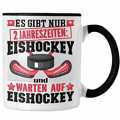 Trendation - Eishockey Tasse Geschenk für Eishockey-Spieler Geschenkidee 2 Jahreszeiten (Schwarz)
