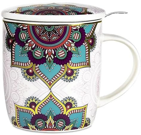 Generico Tasse à Thé Mandala Turquoise Mug Porcelaine Fine Infuseur Inox Cup 400 ml