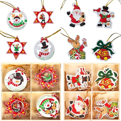 RICEEL 24 Stück Holz Weihnachten Anhänger, Weihnachtsbaumschmuck Holz,Christbaumschmuck Holz Set Elch Weihnachtsmann Schneemann Weihnachtsanhänger für Weihnachtsbaum Weihnachten Party Dekoration