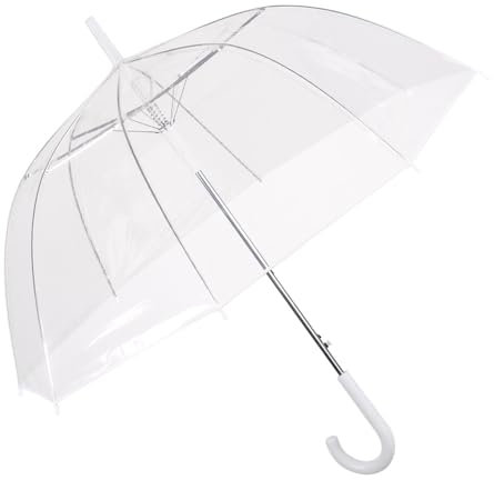 PERLETTI Ombrello Sposa Trasparente Pioggia Lungo - Ombrello Cupola Matrimonio Eventi Antivento con Manico Bianco - Ombrello Donna Classico da Cerimonia Automatico - Diametro 86 cm (Trasparente)