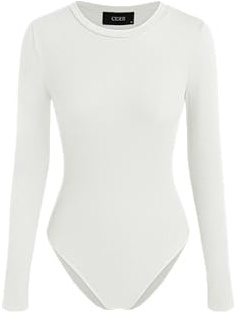 CIDER Women Long Sleeve Crew Neck Slim Fit Bodysuits Going Out Tops 2025 Casual Outfits, White, Medium