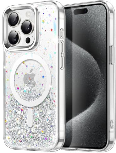 JETech Glitter Case for iPhone 15 Pro 6.1-Inch Compatible with MagSafe, Clear Cute Bling Sparkle for Women and Girls, Shiny Shockproof Magnetic Sparkly Phone Cover (Clear)