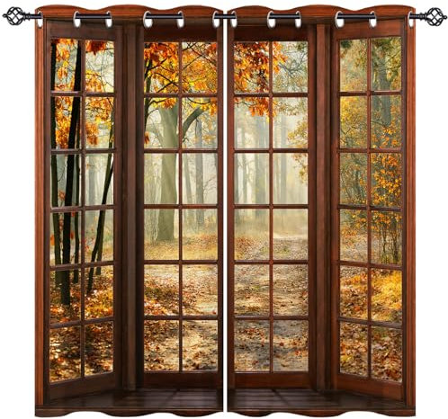 ANHOPE Herbst Wald Baum Holzfenster Vorhänge mit Ösen Blickdichte Gardinen Blackout Curtain Thermo Vorhang Weich Schlafzimmer Wohnzimmer Verdunklungsvorhänge 2er Set H 138 x B 132 cm