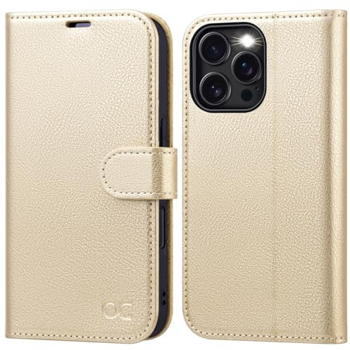 OCASE for iPhone 16 Pro Case, PU Leather Wallet, Magnetic Flip Folio Cover with RFID Blocking, Card Holders, Shockproof TPU, and Kickstand for 6.3 Inch iPhone 16 Pro (2024), Gold