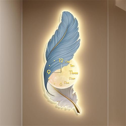 WSNCXFW C,35 * 100cm,Federn-Wanddekoration mit LED-Licht und Uhr, Boho-Federn-Wandkunst-Skulpturen, 3D-Luxus-handbemalte Wanddekoration für Wohnzimmer und Schlafzimmer