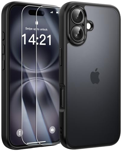 FLLAO Opaca Cover Compatibile con iphone 16 6.1 con 2 Vetro Temperato, [Della Fotocamera Protezione] Antiurto Hard PC Glassata Traslucida Custodia Compatibile con iphone 16 6.1 Nero