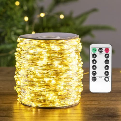PCORES Le Luci Fata Collegabili 50 metri 500 LED Bianco Caldo Argento con Telecomando - Illuminazione in Serie Interno/Esterno per Camera, Soggiorno, Terrazza, Portico (Bianco caldo, 50M)