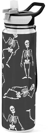 Mnsruu Bouteille d'eau transparente avec paille - Gourde anti-fuite - Squelettes dans différentes positions - Pour le sport, le bureau, l'école - Plastique Tritan sans BPA - 1 litre