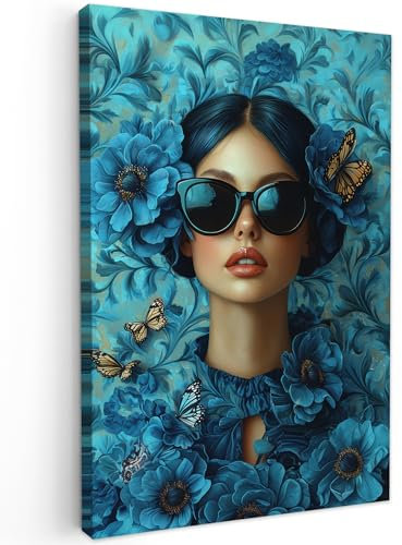 MuchoWow© Leinwand Groß 80x120 cm XXL Deko Schlafzimmer Aesthetic Leinwandbilder Wohnzimmer Gemälde Foto Geschenk Living Room Decoration Frau - Blumen - Schmetterlinge - Blau - Abstrakt