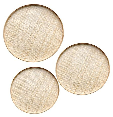 minkissy 3piezas Bandeja De Almacenamiento De Bambú Cesta De Fruta Mano Redondo Decorativo y Práctico
