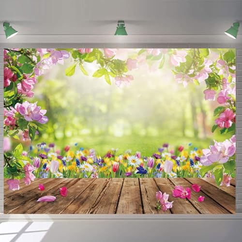 Spring Photography Backdrop Spring Easter Wood Floor Flowers Natural Scenery Backdrop Kids Birthday Baby Shower Wedding Party Decoration Background (10x8FT: 120x96 inch)